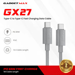 GADGET MAX - GX27 C-C TPE Series Type-C To Type-C Fast Charging Data Cable (60W) - Grey