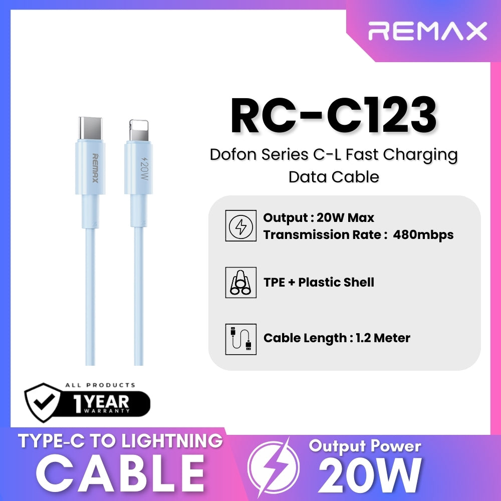 REMAX - RC-C123 C-L Dofon Series Type-C To Lightning Fast Charging Data Cable ( 20W ) - Blue
