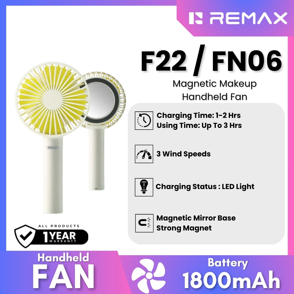 REMAX - F22 / FN06 Magnetic Makeup Mirror Handheld Fan ( 1800mAh ) - White