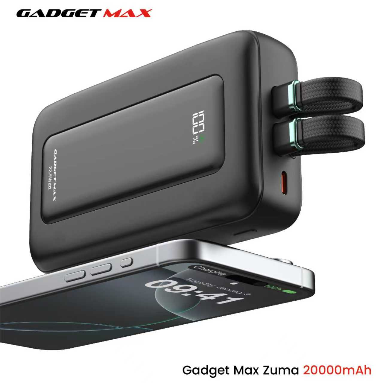 GADGET MAX - ZUMA 20000mAh PD+QC Built-In Cabe Fast Charging Power Bank (20W+22.5W) - Black