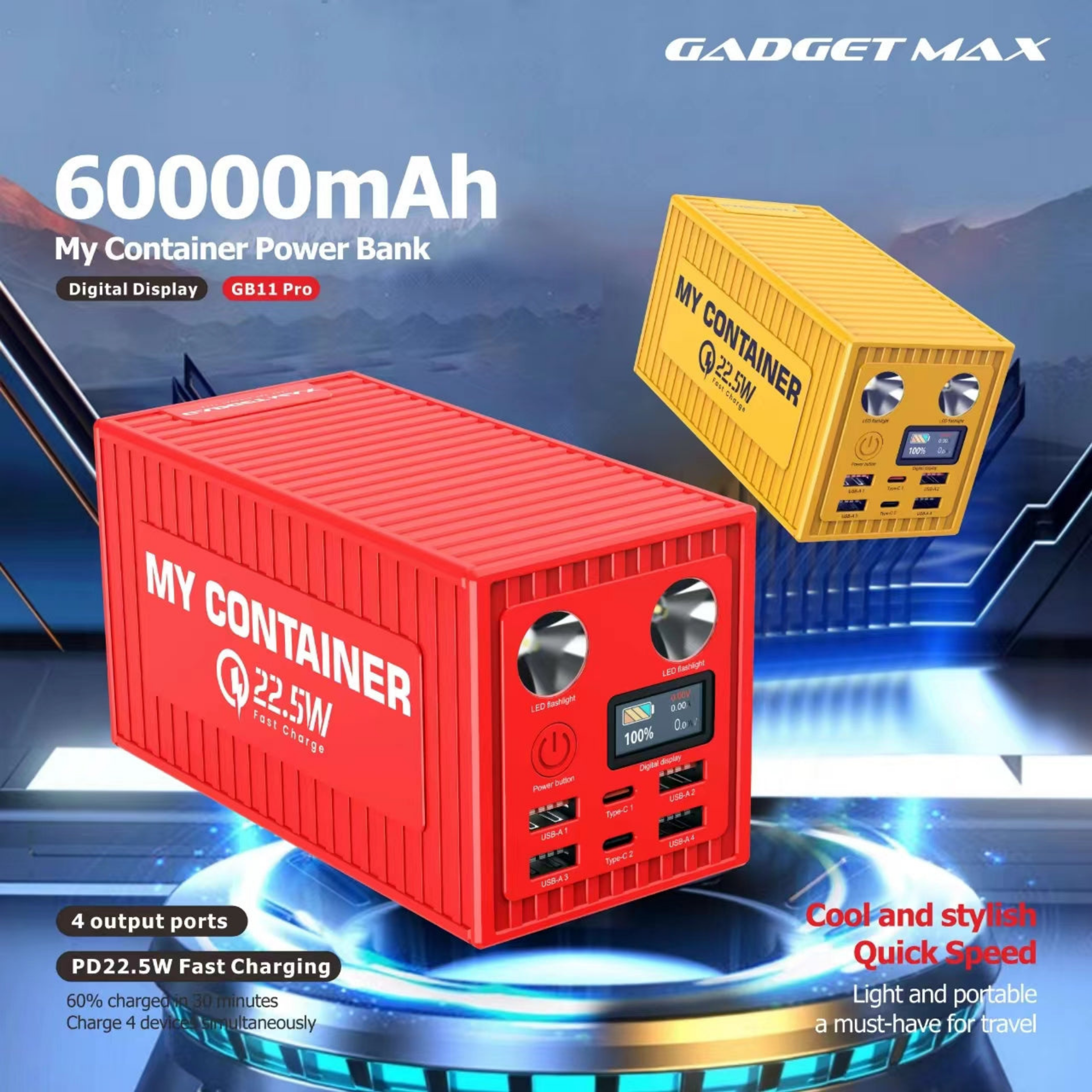 GADGET MAX GB11 Pro My Container Series 60000mAh PD+QC Fast Charging Power Bank(PD 20W+QC 22.5W) - Red