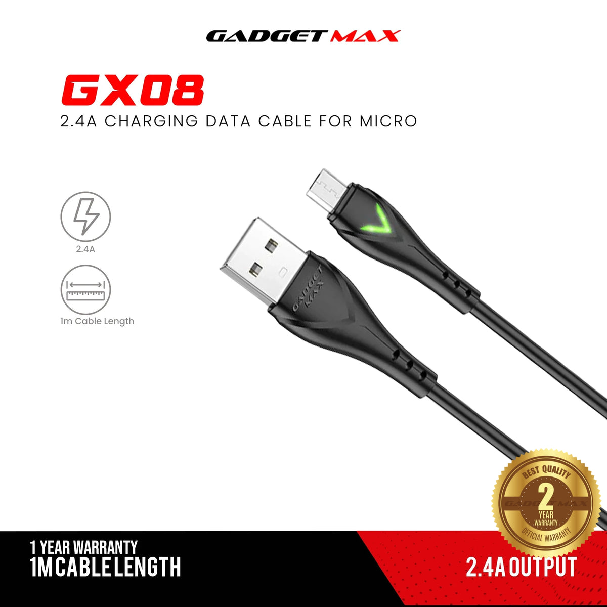 GADGET MAX GX08 MICRO 2.4A CHARGING DATA CABLE FOR MICRO (2.4A)(1M) - BLACK