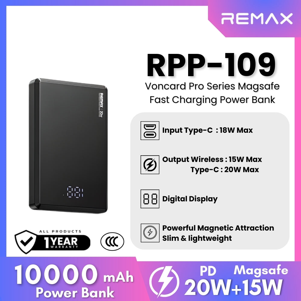 REMAX - RPP-109 Vocard Pro Series 10000mAh PD Magnetic Wireless Power Bank(PD 20W) - Black