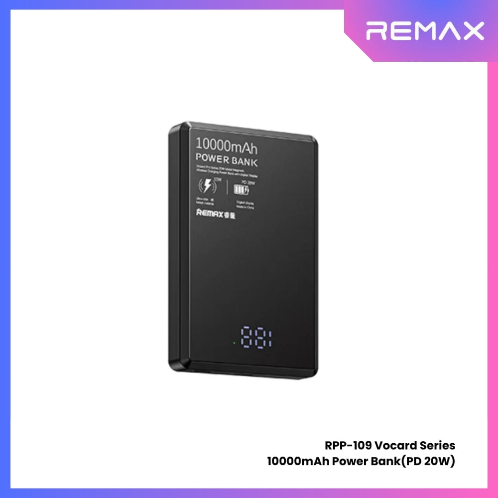 REMAX - RPP-109 Vocard Pro Series 10000mAh PD Magnetic Wireless Power Bank(PD 20W) - Black