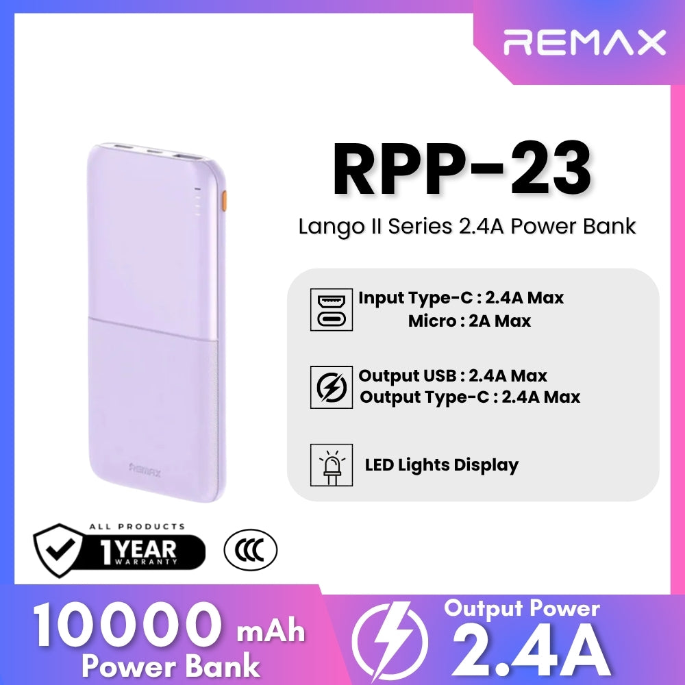 REMAX RPP-23 Lango 2 Series 10000mAh Fast Charging Power Bank(2.4A) - Purple