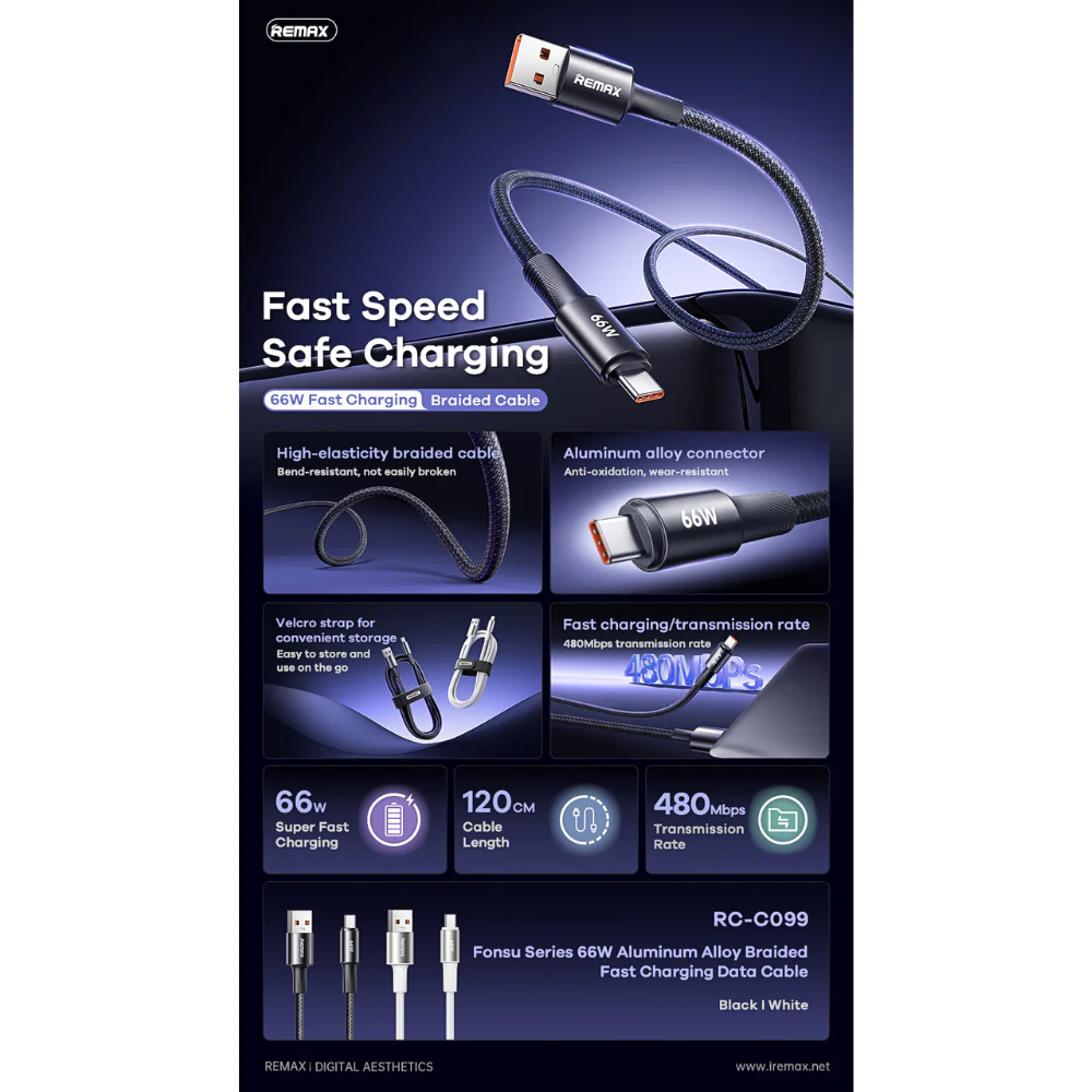 66W ( Type-C )-REMAX RC-C099A Fonsu Series 66W USB to Type-C Fast Charging Data Cable - Black