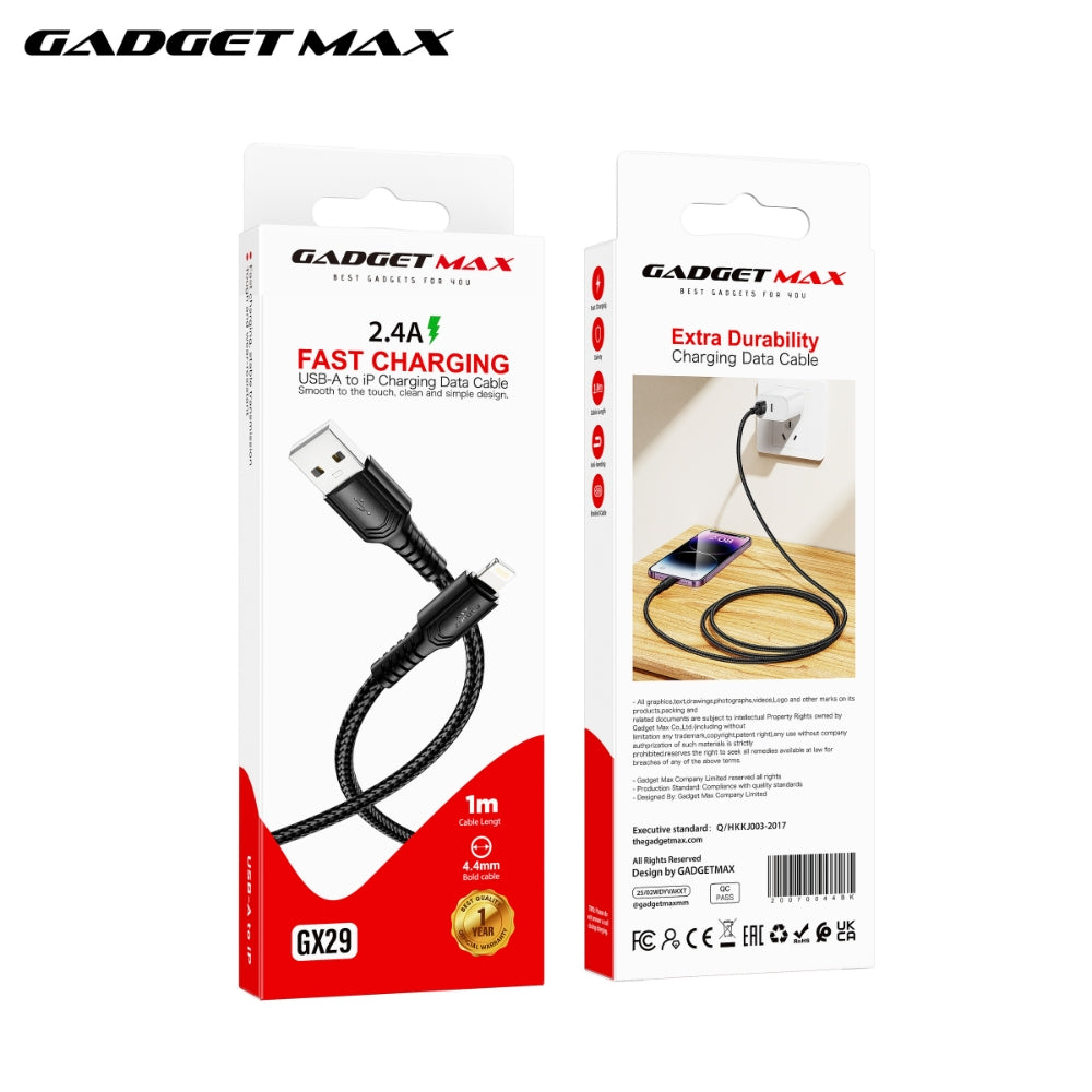 GADGET MAX - GX29 Woven Series USB To Lightning Charging Data Cable (2.4A) - Black