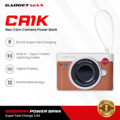 GADGET MAX - CA1K 10000mAh Neocam Camera Style Fast Charging Cable Power Bank (20W+22.5W) - Brown
