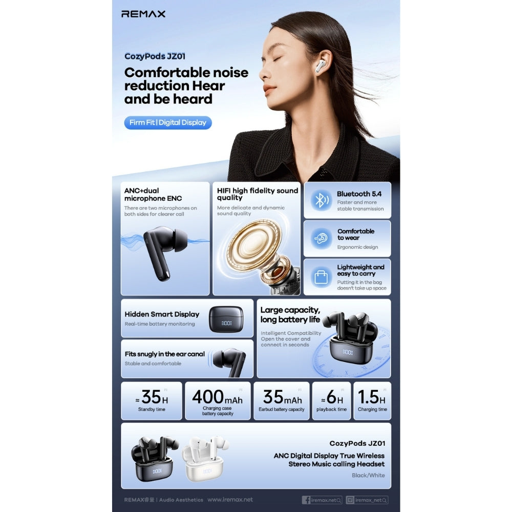 REMAX - COZYPODS JZ01 ANC Digital Display Bluetooth Wireless Earbuds - Black