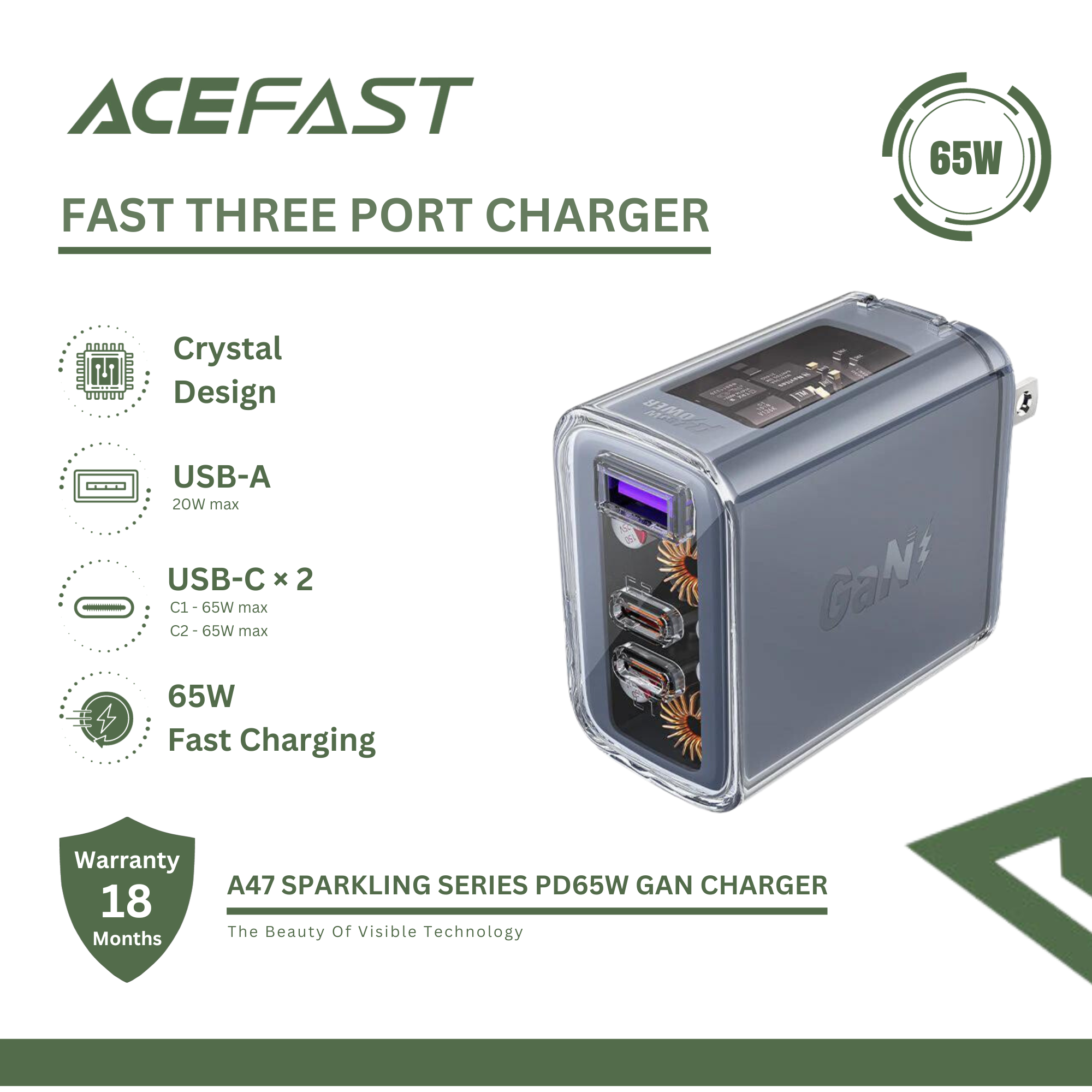 ACEFAST A47 SPARKLING SERIES PD65W GAN (2*USB-C+USB-A) CHARGER - MICA GREY