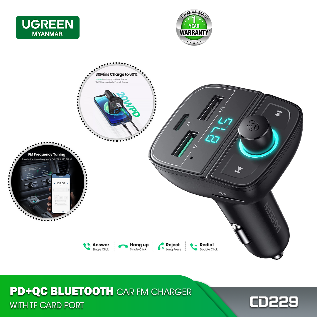 UGREEN CD229 PD+QC BLUETOOTH CAR CHARGER (5.0+PD+QC 3.0+USB FLASH DRIVE +TF), Bluetooth Car Charger, PD+QC Car Charger