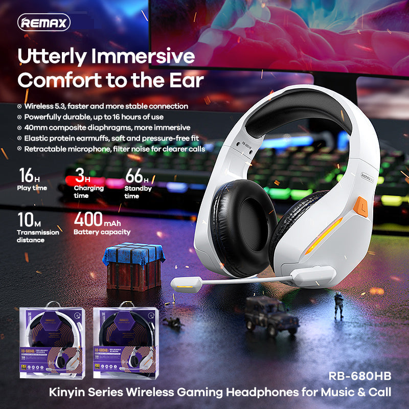 REMAX RB-680HB KINYIN SERIES WIRELESS GAMING HEADPHONES FOR MUSIC & CALL (5.3 WIRELESS) - Black