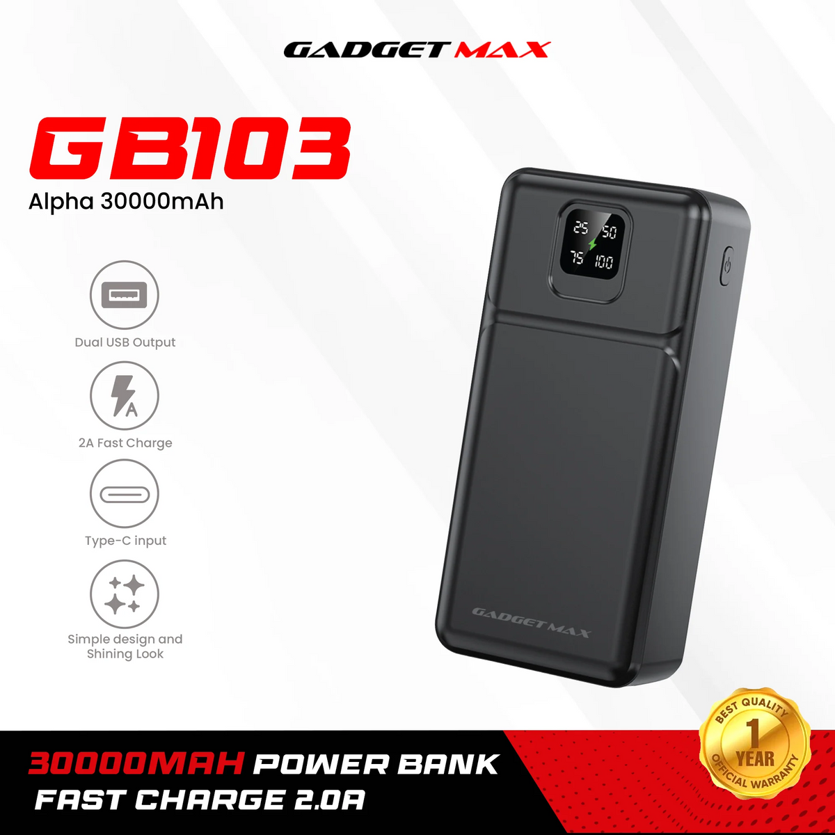 GADGET MAX - GB103 Alpha Series 30000mAh Power Bank - Black
