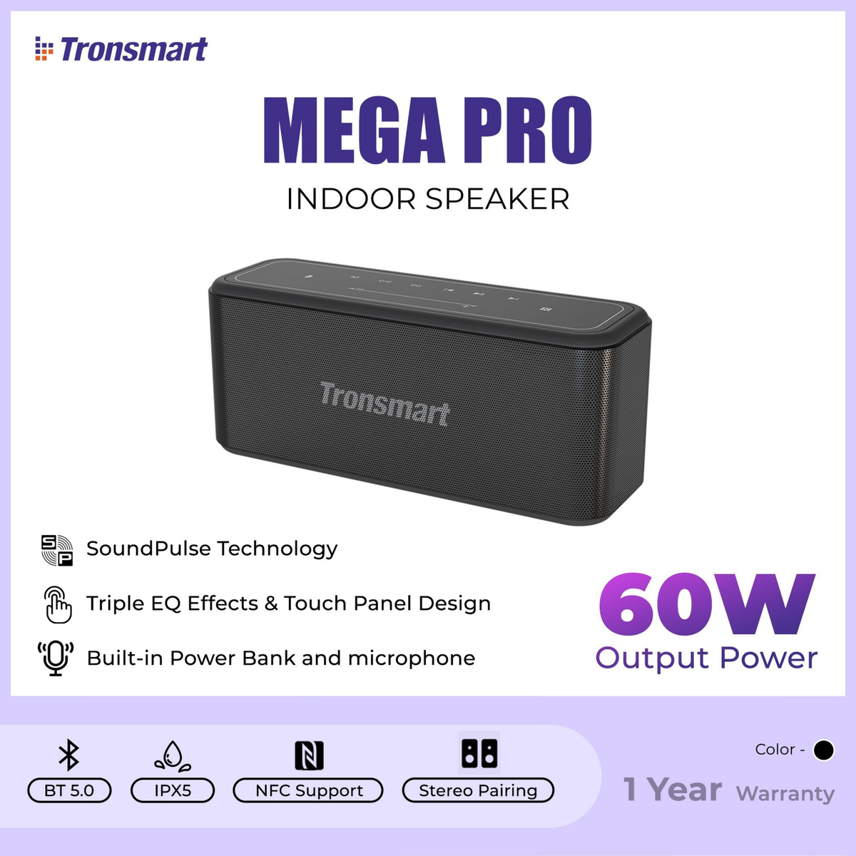 TRONSMART Mega Pro 60W Portable Wireless Bluetooth Indoor Speaker - Black