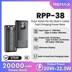 REMAX - RPP-38 20000mah Pinjur Series PD+QC Built In Cable Fast Charging Power Bank (  PD 20W + QC 22.5W ) - Black