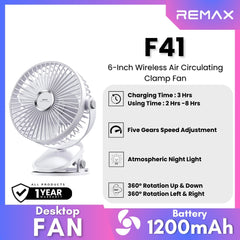 REMAX F41 6-Inch Wireless Air Circulating Clamp Fan - White
