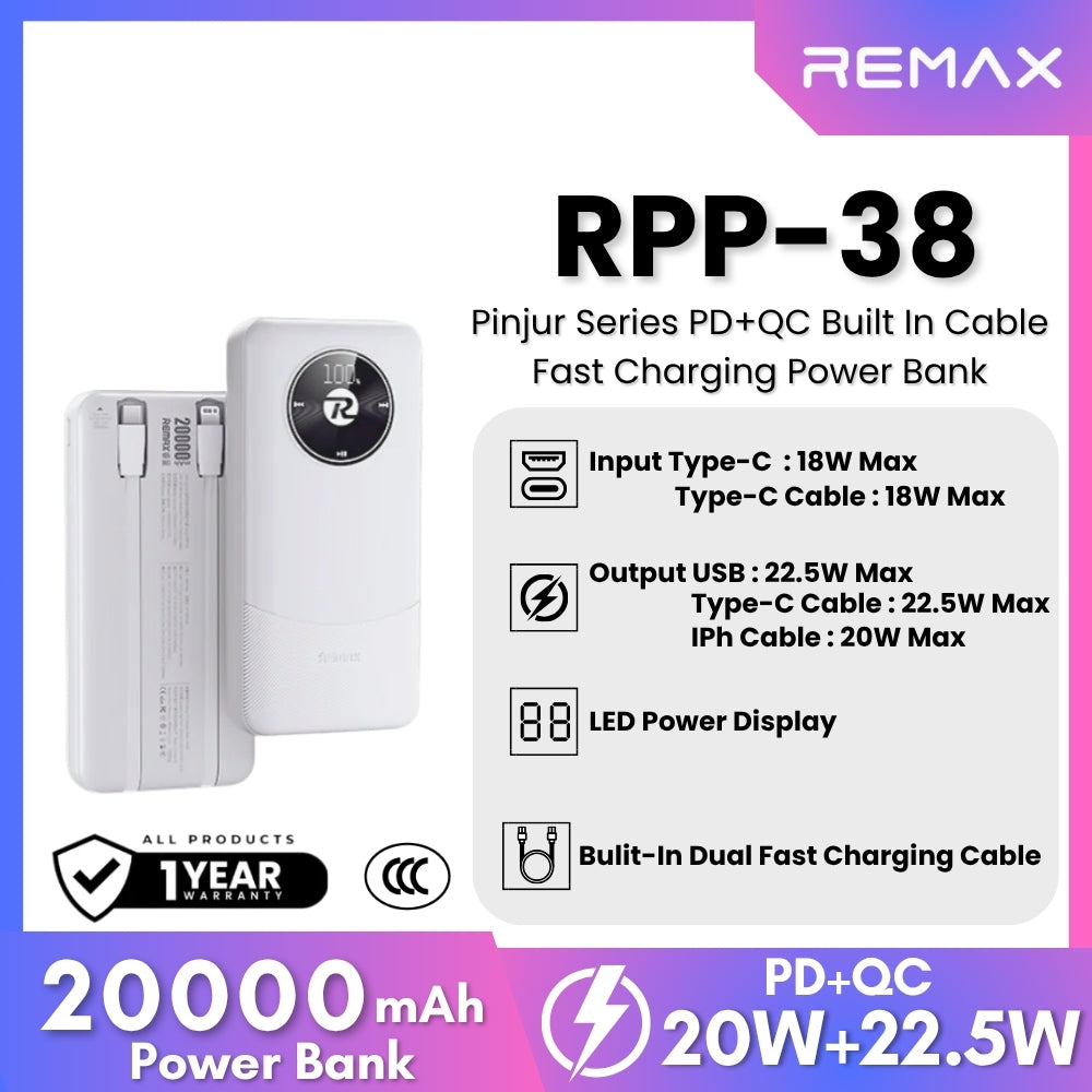 REMAX - RPP-38 20000mah Pinjur Series PD+QC Built In Cable Fast Charging Power Bank (  PD 20W + QC 22.5W ) - White