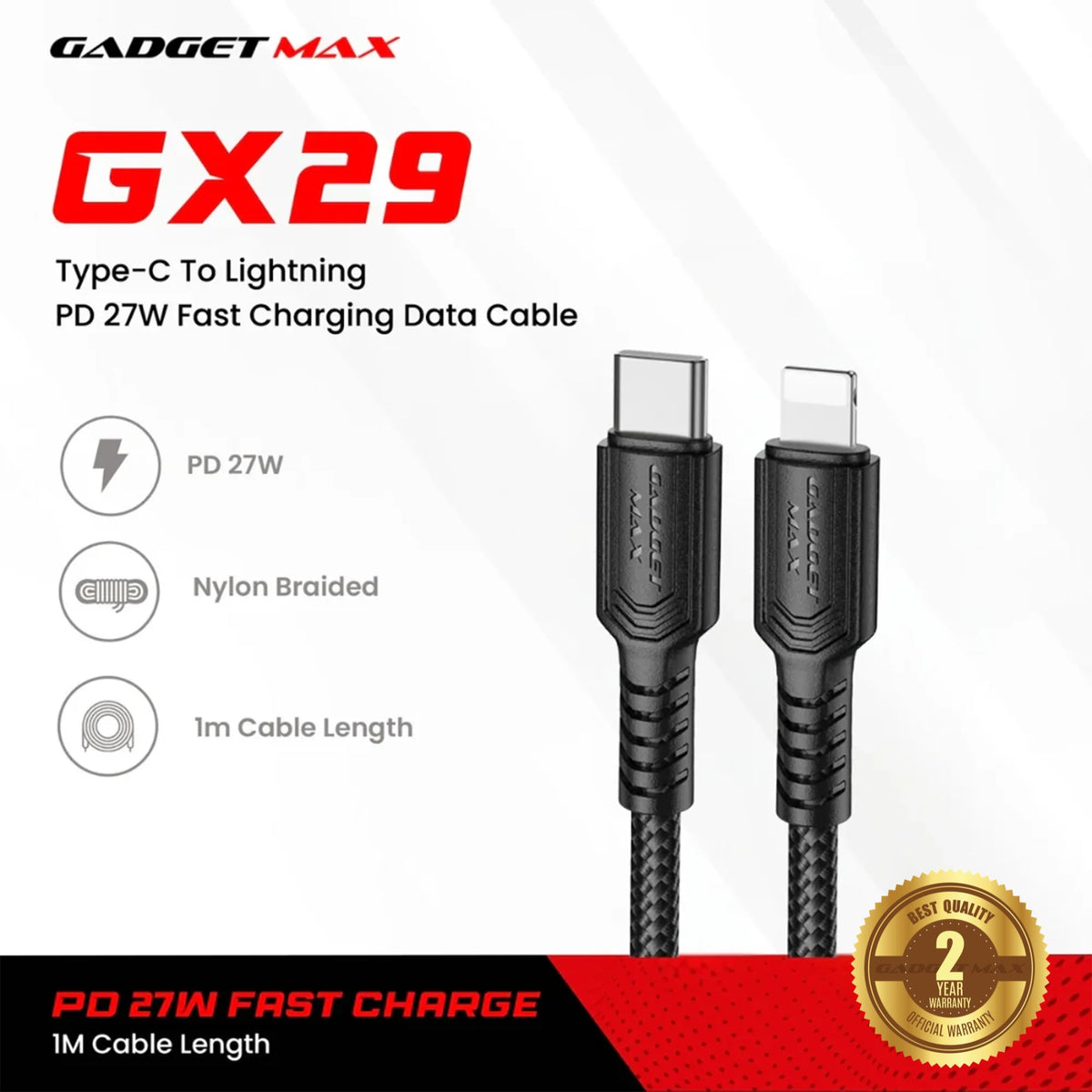 GADGET MAX - GX29 C-L Woven Series Type-C To Lightning Fast Charging Data Cable (27W) - Black