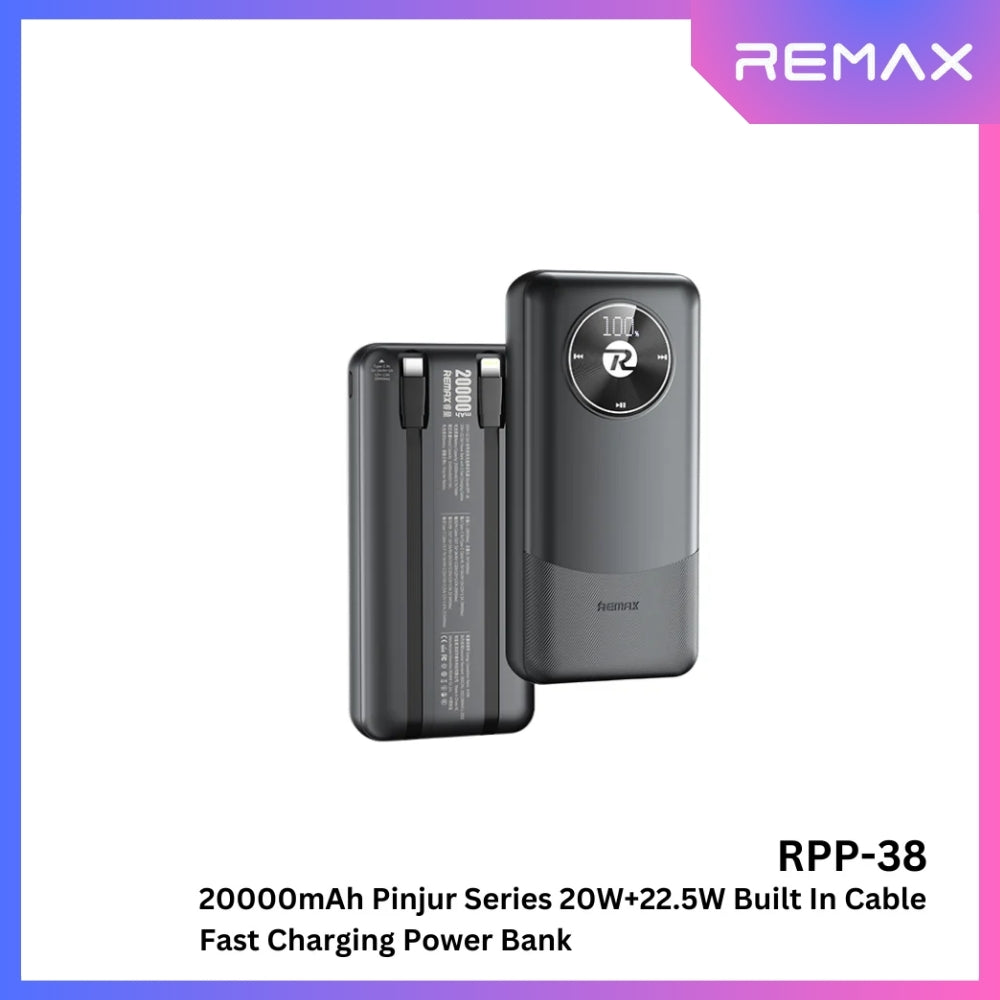 REMAX - RPP-38 20000mah Pinjur Series PD+QC Built In Cable Fast Charging Power Bank (  PD 20W + QC 22.5W ) - Black