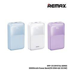 REMAX RPP-21 Crystal Series 20000mAh PD+QC Fast Charging Power Bank(PD 20W+QC 22.5W) - Blue