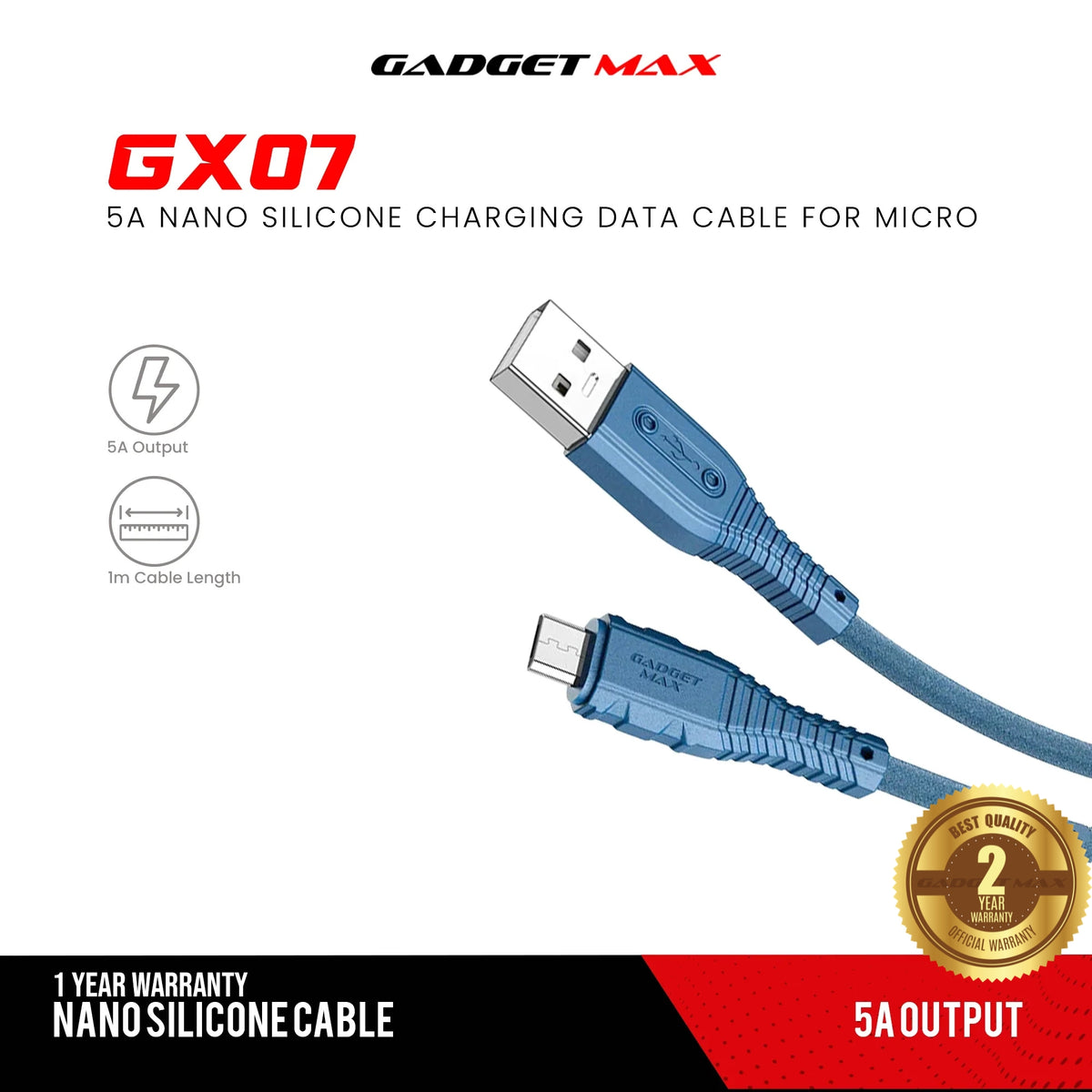GADGET MAX GX07 MICRO 2.4A NANO SILICONE CHARGING DATA CABLE FOR MICRO (2.4A)(1M) - BLUE