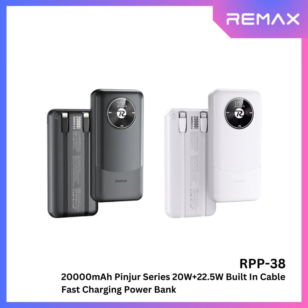 REMAX - RPP-38 20000mah Pinjur Series PD+QC Built In Cable Fast Charging Power Bank (  PD 20W + QC 22.5W ) - Black