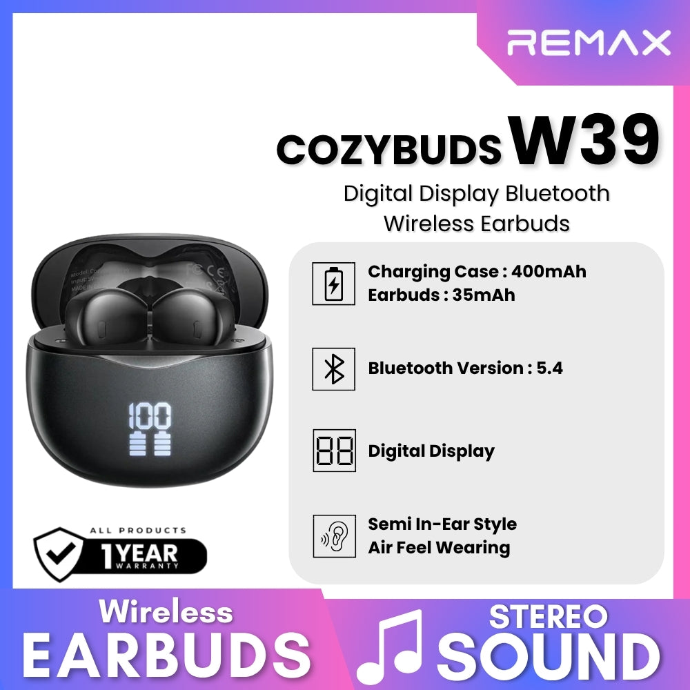REMAX - CozyBuds W39 V5.4 Digital Display Bluetooth Wireless Earbuds - Blue