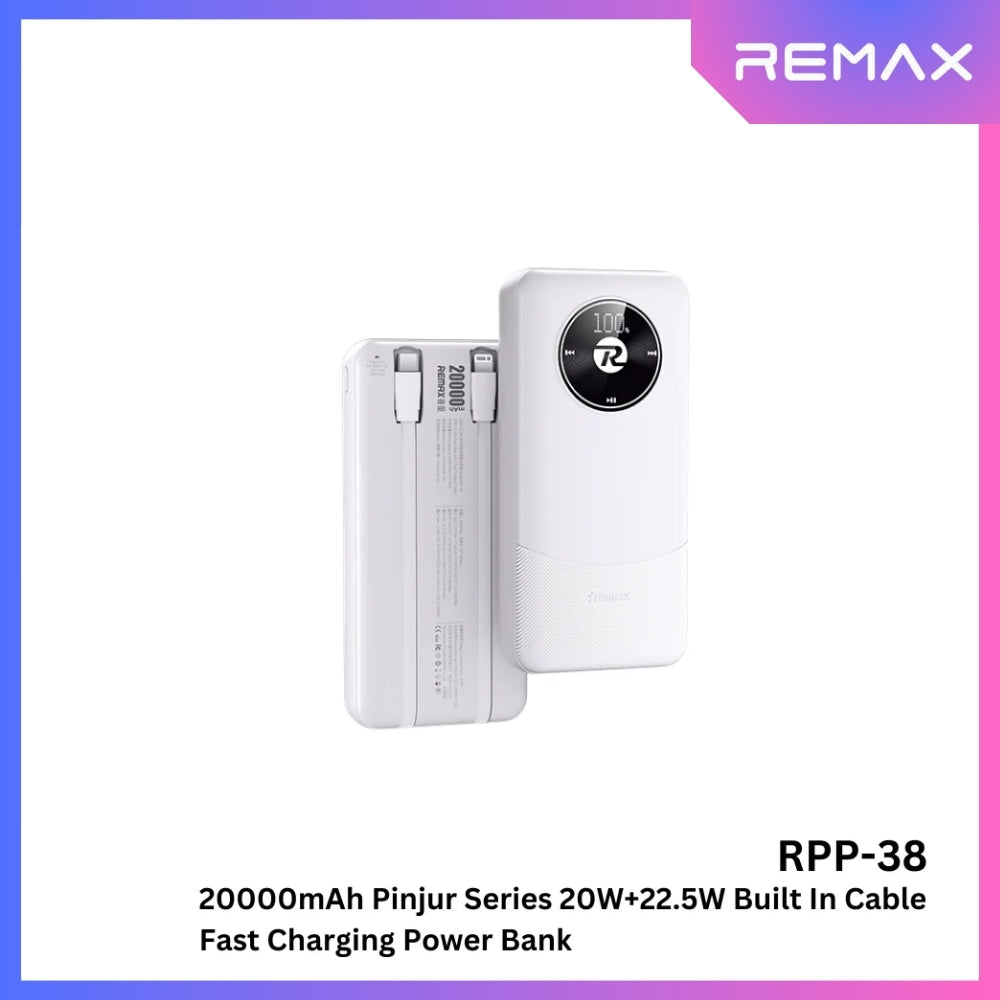 REMAX - RPP-38 20000mah Pinjur Series PD+QC Built In Cable Fast Charging Power Bank (  PD 20W + QC 22.5W ) - White