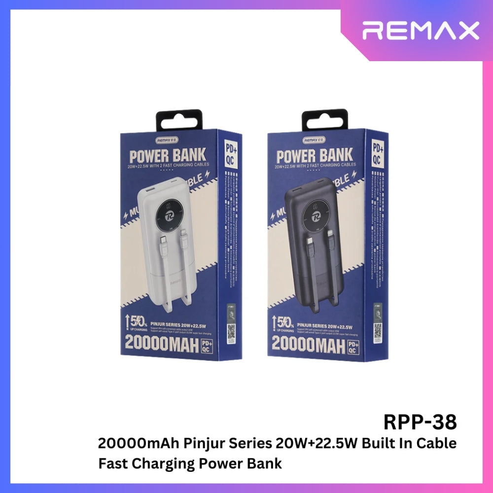 REMAX - RPP-38 20000mah Pinjur Series PD+QC Built In Cable Fast Charging Power Bank (  PD 20W + QC 22.5W ) - Black