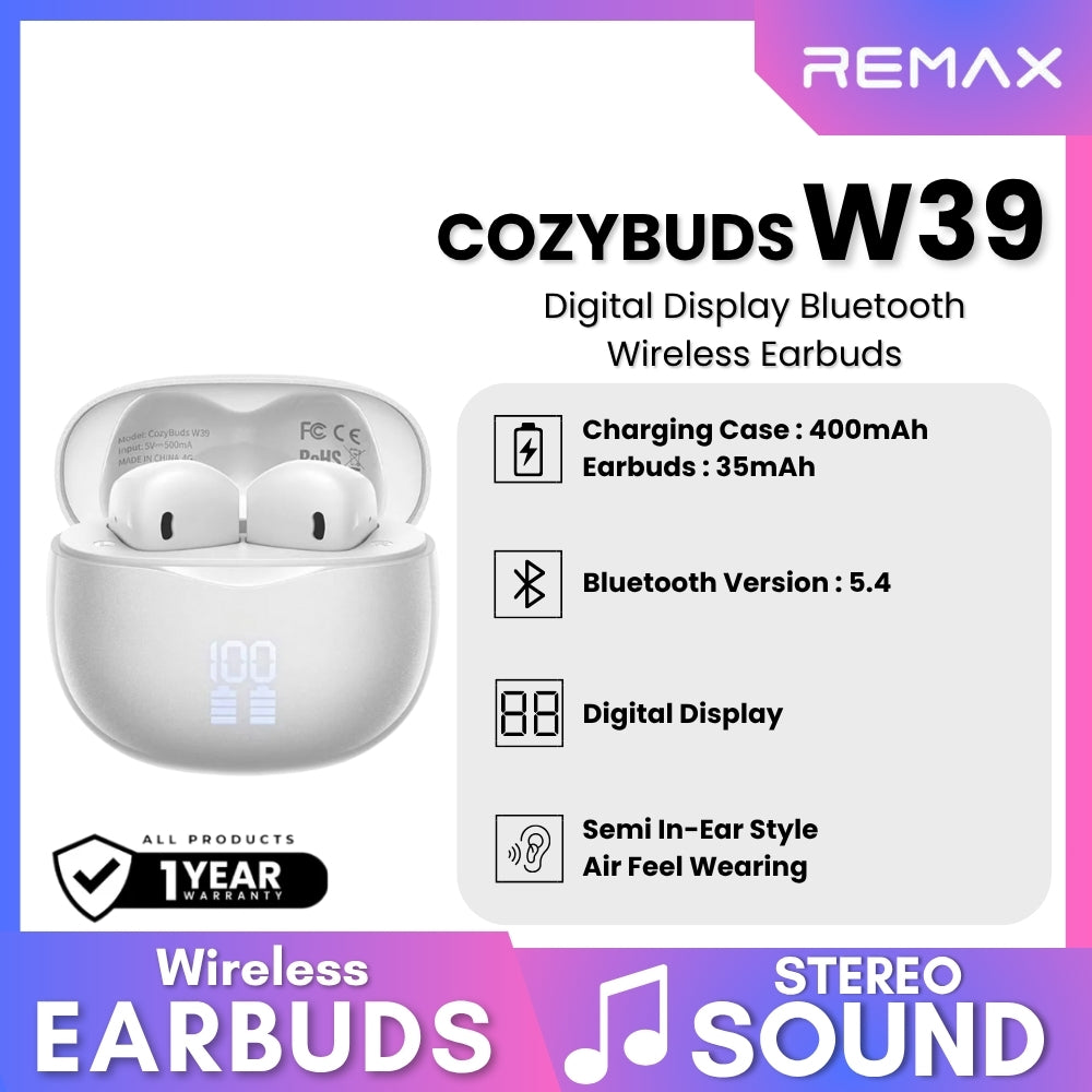 REMAX - CozyBuds W39 V5.4 Digital Display Bluetooth Wireless Earbuds - White