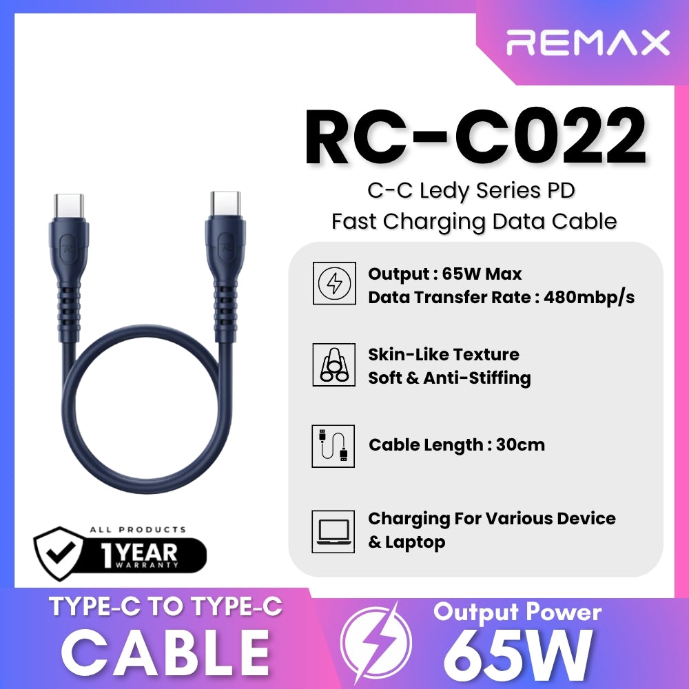REMAX - RC-C022 C-C Ledy Series Type-C to Type-C Fast Charging Data Cable (65W) - White