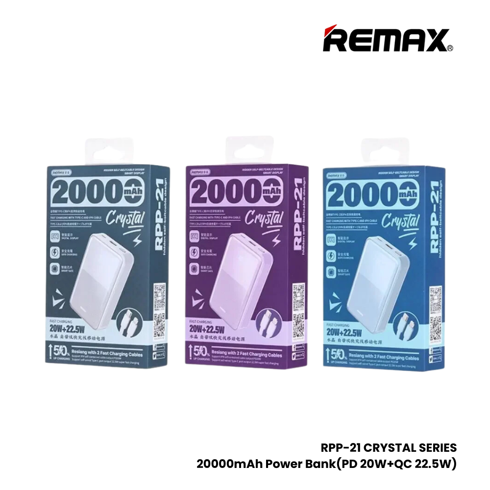 REMAX RPP-21 Crystal Series 20000mAh PD+QC Fast Charging Power Bank(PD 20W+QC 22.5W) - Blue