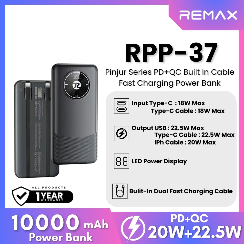 REMAX - RPP-37 10000mah Pinjur Series PD+QC Built In Cable Fast Charging Power Bank (  PD 20W + QC 22.5W ) - Black