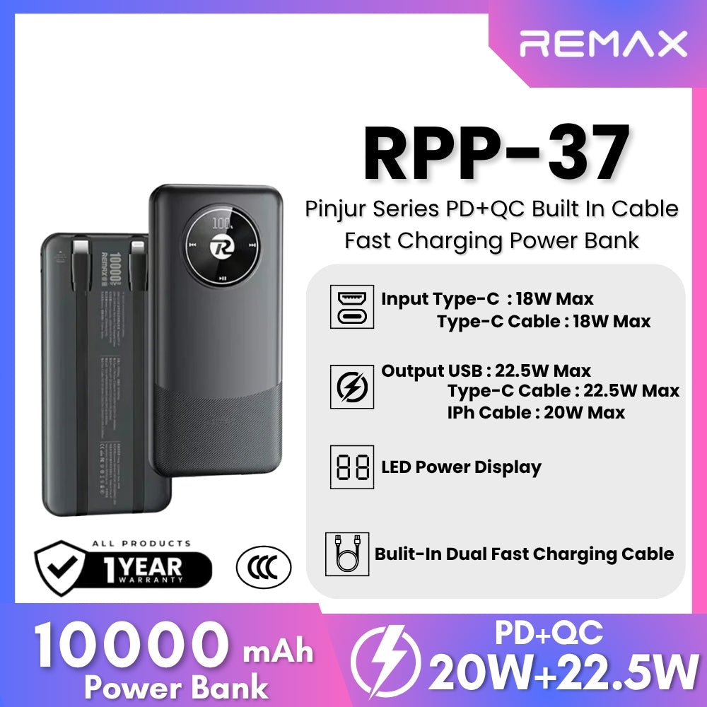 REMAX - RPP-37 10000mah Pinjur Series PD+QC Built In Cable Fast Charging Power Bank (  PD 20W + QC 22.5W ) - Black