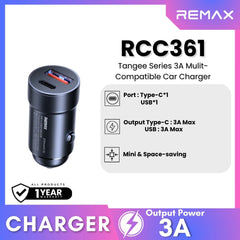 REMAX RCC361 Tangee Series 3A Multi-Compatible Car Charger(1USB+1PD) - Black