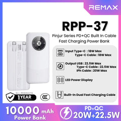 REMAX - RPP-37 10000mah Pinjur Series PD+QC Built In Cable Fast Charging Power Bank (  PD 20W + QC 22.5W ) - White