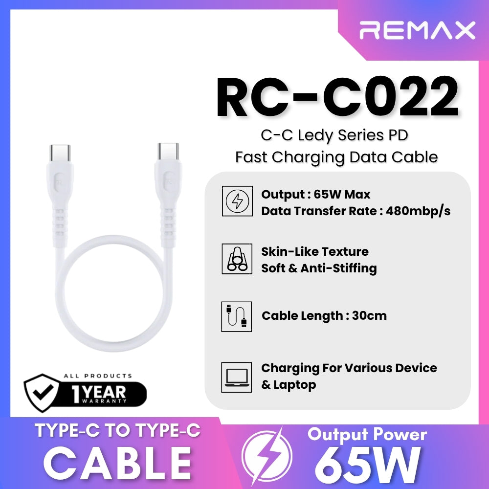 REMAX - RC-C022 C-C Ledy Series Type-C to Type-C Fast Charging Data Cable (65W) - Blue
