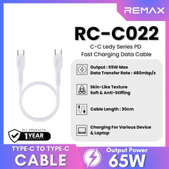 REMAX - RC-C022 C-C Ledy Series Type-C to Type-C Fast Charging Data Cable (65W) - Blue