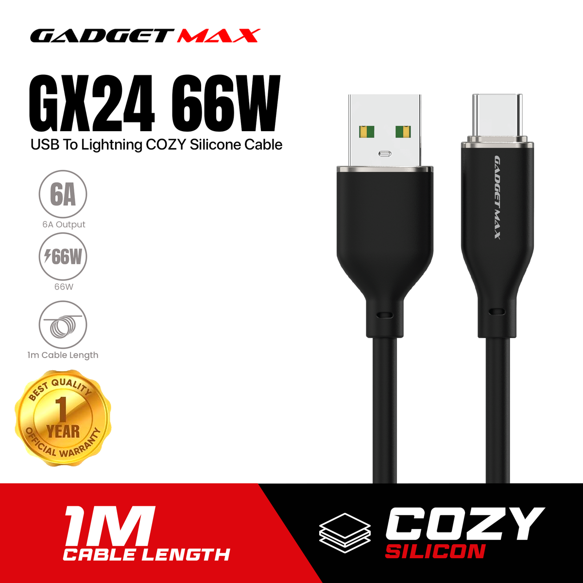 GADGET MAX GX24 66W USB TO TYPE C 6A MAX COZY SILCONE CABLE (6A )(1M) - BLACK