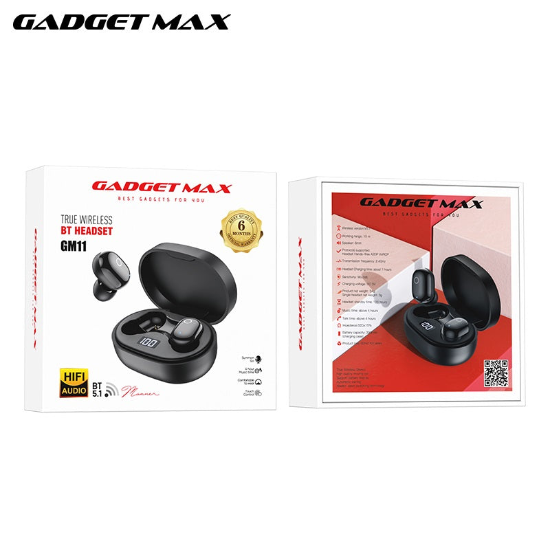 GADGET MAX GM11 TRUE WIRELESS BLUETOOTH HEADSET (V5.1), Wireless Bluetooth Earbuds, TWS Earbuds , Wirless Earbuds