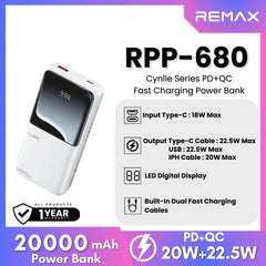 REMAX RPP-680 Cynlle Series 20000mAh PD+QC Fast Charging Power Bank(PD 20W+QC 22.5W) - White