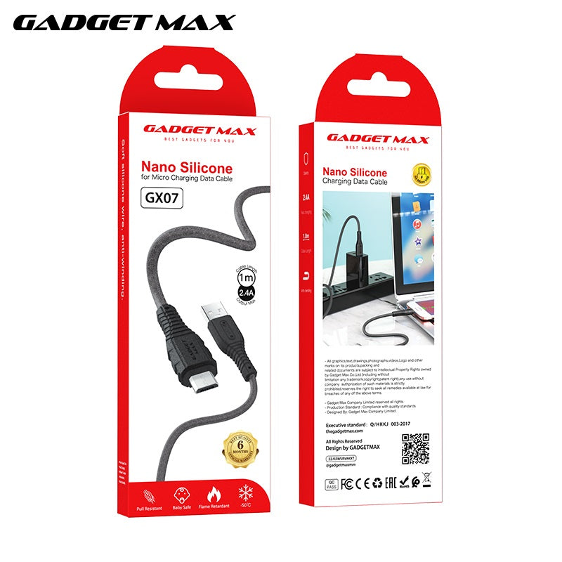 GADGET MAX GX07 MICRO 2.4A NANO SILICONE CHARGING DATA CABLE FOR MICRO (2.4A)(1M) - BLACK