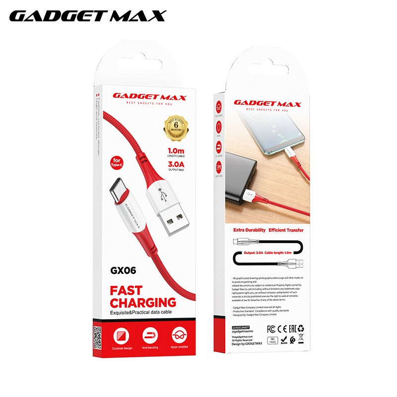 GADGET MAX GX06 TYPE-C  2.4A FAST CHARGING EXQUISITE & PRACTICAL DATA CABLE FOR TYPE-C (2.4A)(1M) - RED