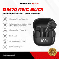 GADGET MAX - GM70 ANC BUD1 Active Noise Cancellation Bluetooth Wireless Earbuds - Black