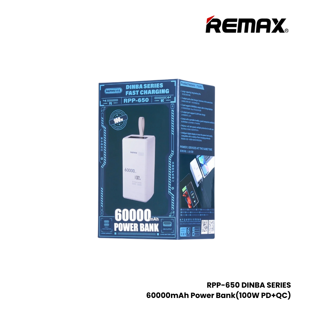 REMAX RPP-650 Dinba Series 60000mAh PD+QC Fast Charging  Power Bank(PD 100W+QC 22.5W) - White