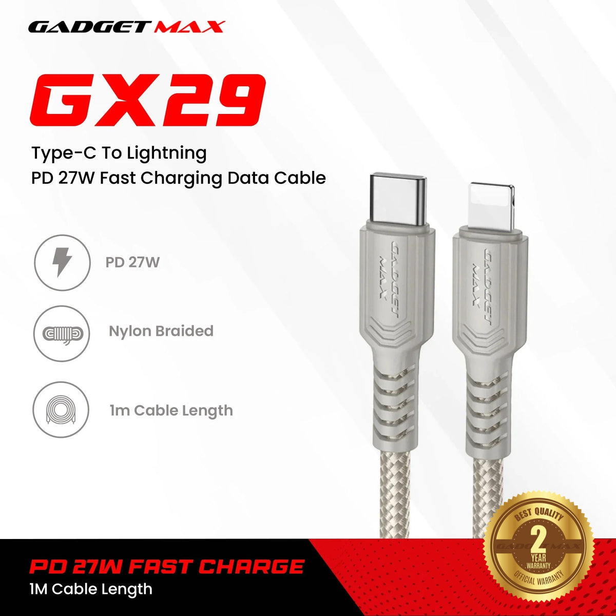 GADGET MAX - GX29 C-L Woven Series Type-C To Lightning Fast Charging Data Cable (27W) - Grey