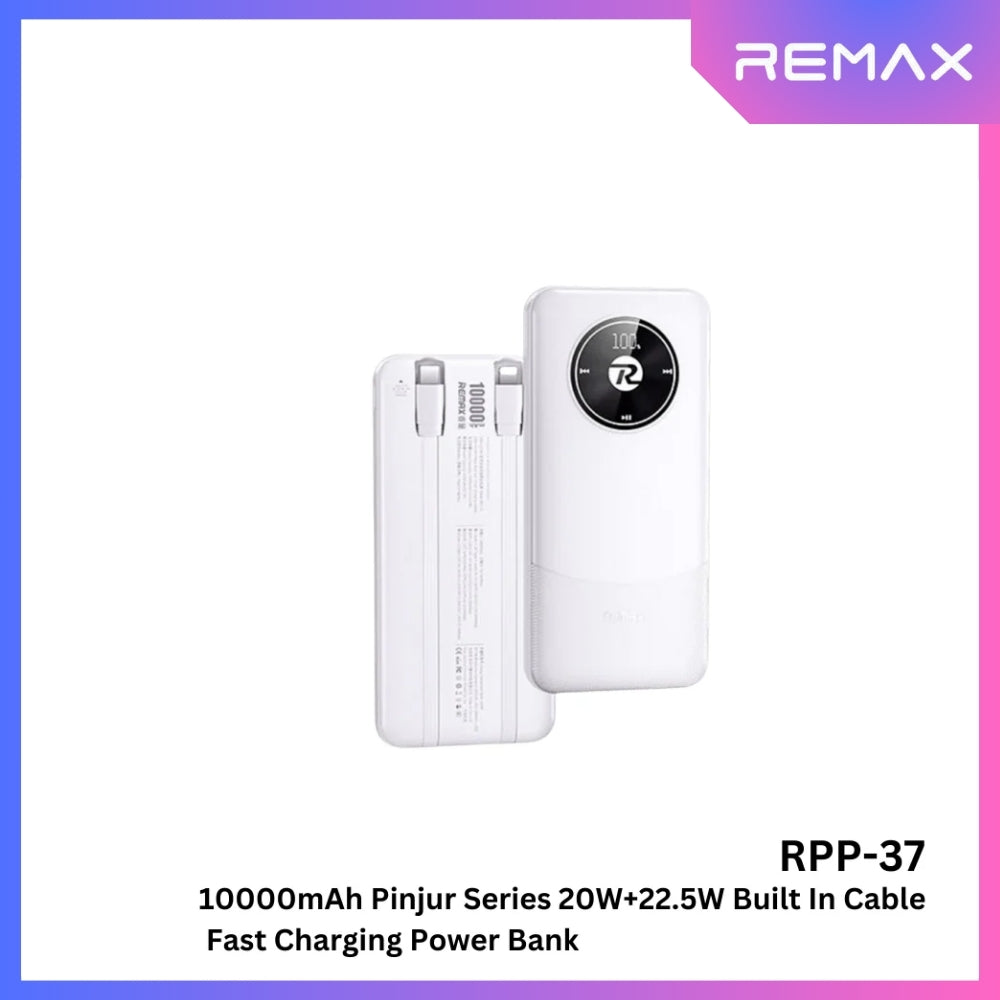 REMAX - RPP-37 10000mah Pinjur Series PD+QC Built In Cable Fast Charging Power Bank (  PD 20W + QC 22.5W ) - White