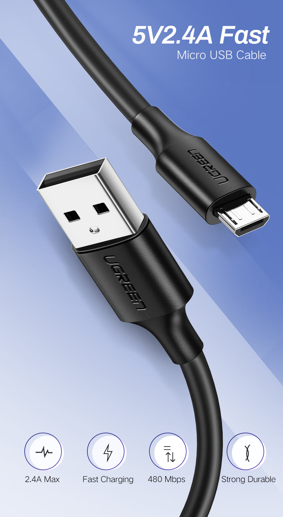 Ugreen US289 USB 2.0A to Micro USB Nickel Plating Cable 1M - Black