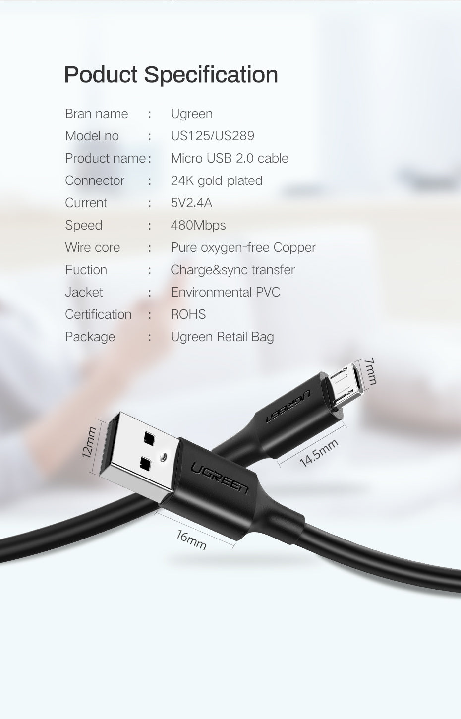 UGREEN USB 2.0A TO MICRO USB CABLE  NICKEL PLATING 1M - White