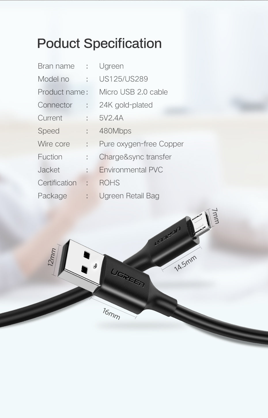 Ugreen US289 USB 2.0A to Micro USB Nickel Plating Cable 1M - Black